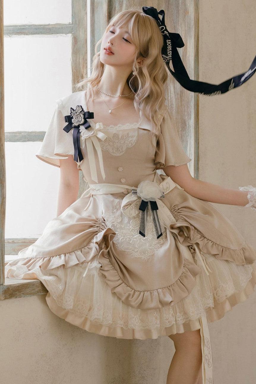 Glaze Floral Realm Lolita Printed Champagne OP Dress Set