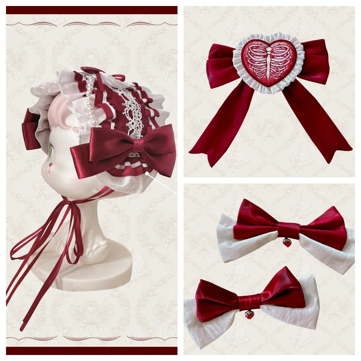 Strawberry Heart Bone White Red Gothic Lolita OP Dress or JSK
