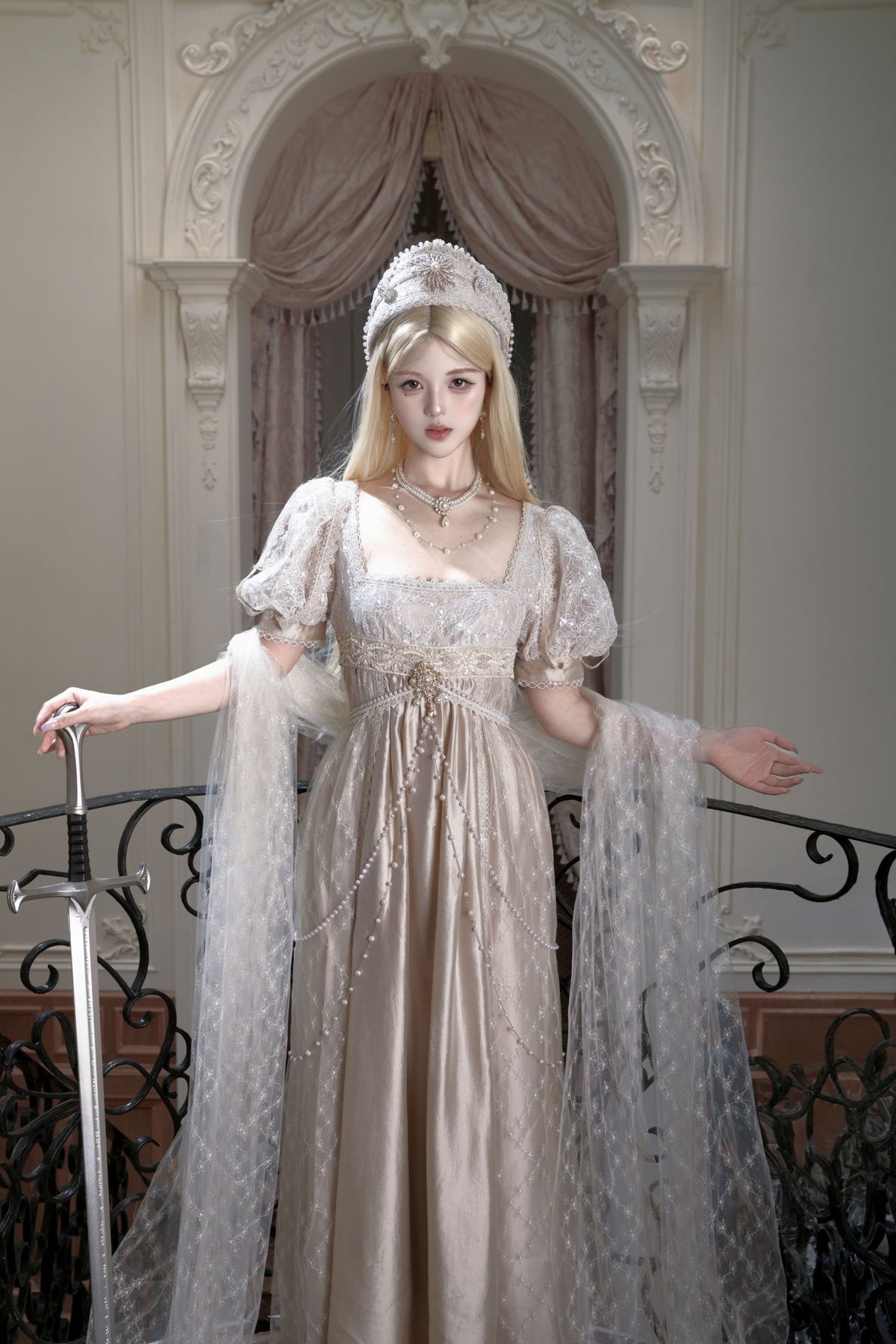 Crown Radiance Champagne Imperial Court Empire Waist Lolita OP Dress