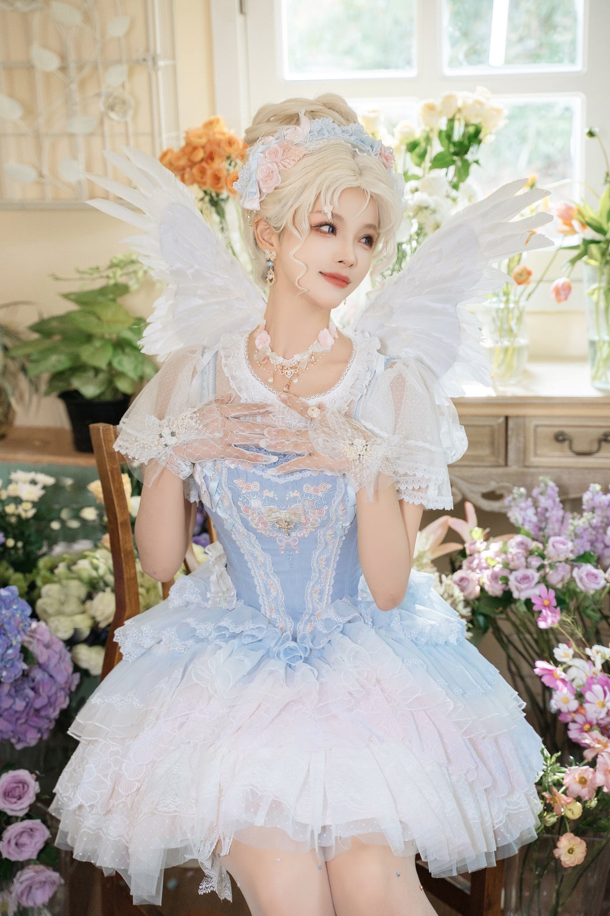 Dream Dance Lolita Bridal Embroidered Blue Boned Corset Dress