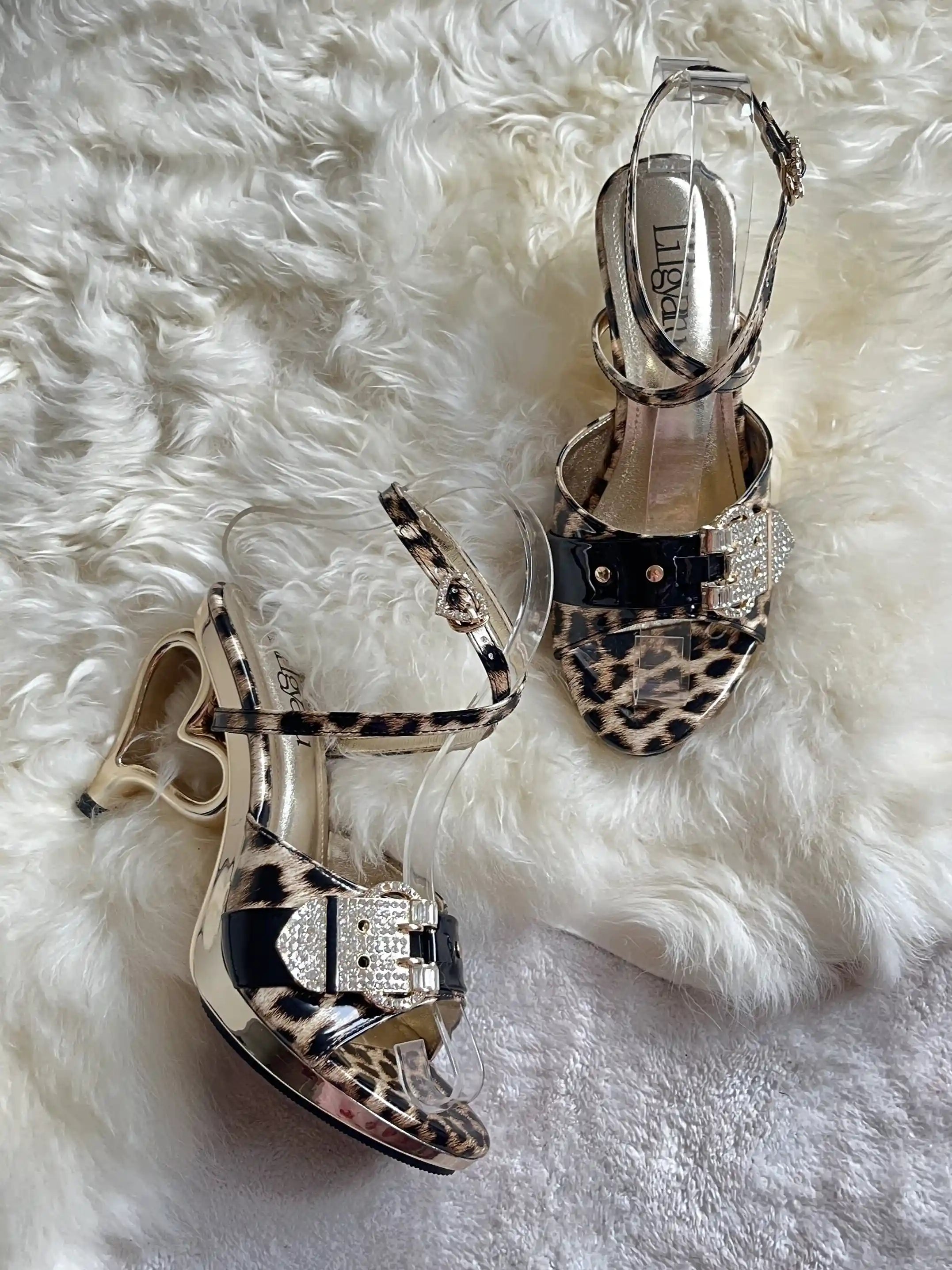 Heart Heel Leopard Print Rhinestone Gyaru High Heels Gold Silver Y2K