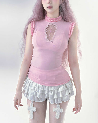 Lolita Gothic Cross Cut Out Tee & Corset Vest Set LE1037