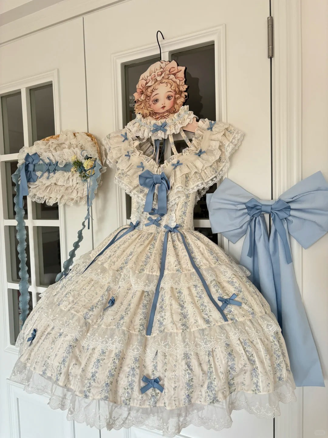 Blue Floral Halter Lolita Dress with Trailing Hat