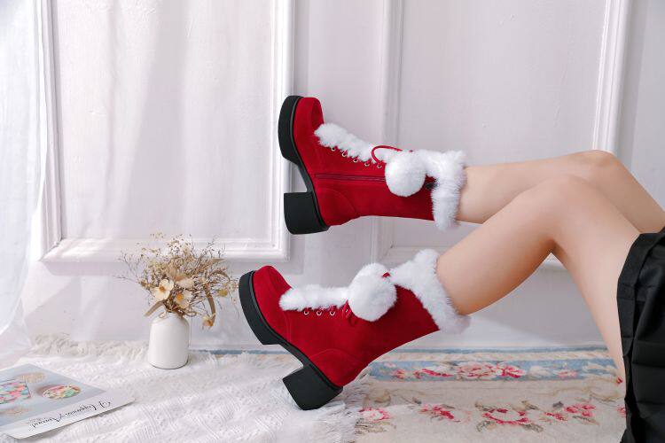 Sweet Lolita Faux Fur Pom Pom Christmas Block Heel Snow Boots