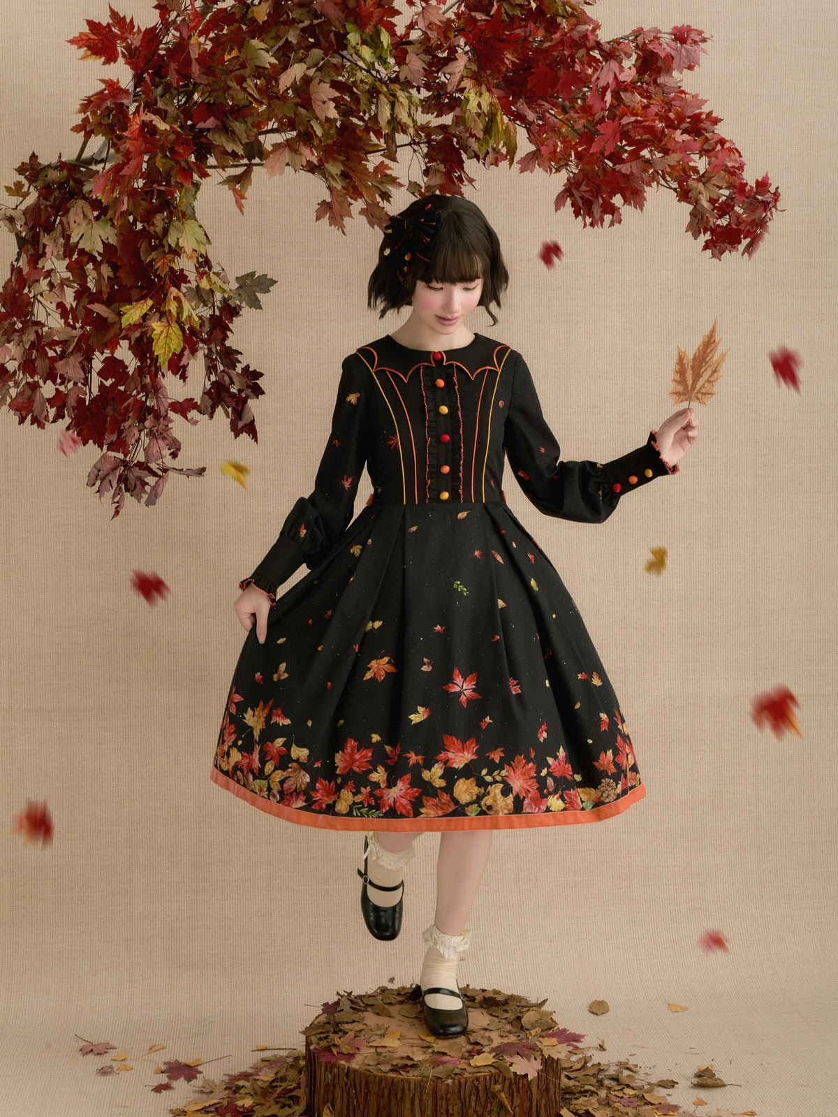 Fallen Leaves on Asphalt Lolita Classic Style Print OP Dress