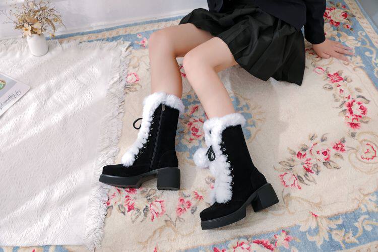 Sweet Lolita Faux Fur Pom Pom Christmas Block Heel Snow Boots