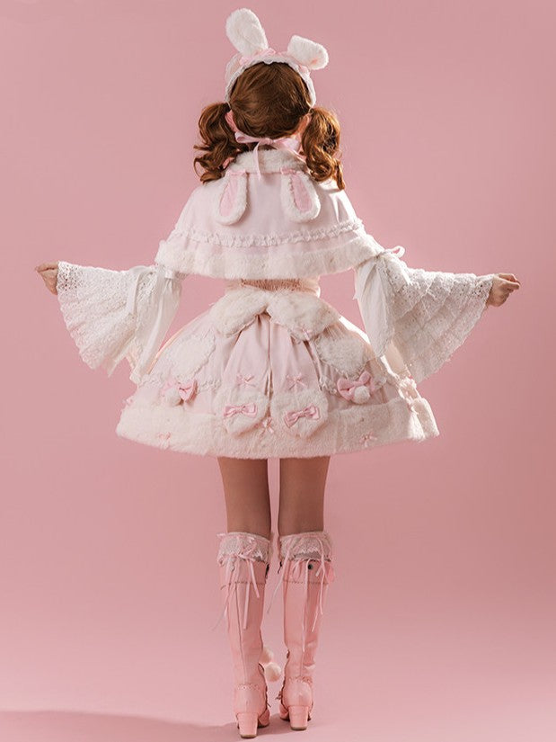 Bunny Ball 1.0 Lolita Winter Doll Style Plush Pink Cape JSK Set