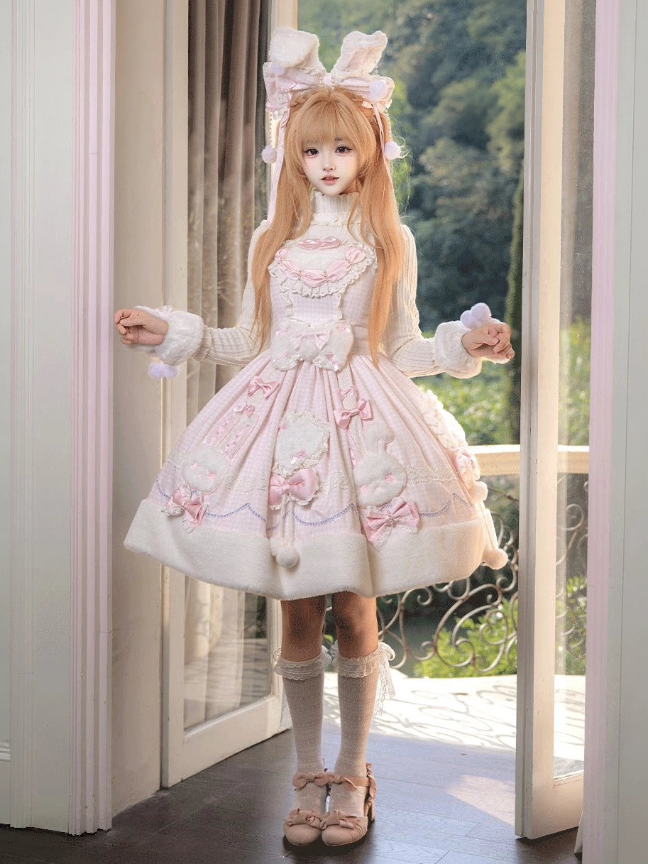 Bunny Ball 2.0 Lolita Winter Doll Style JSK Cape Set Pink Plaid Version