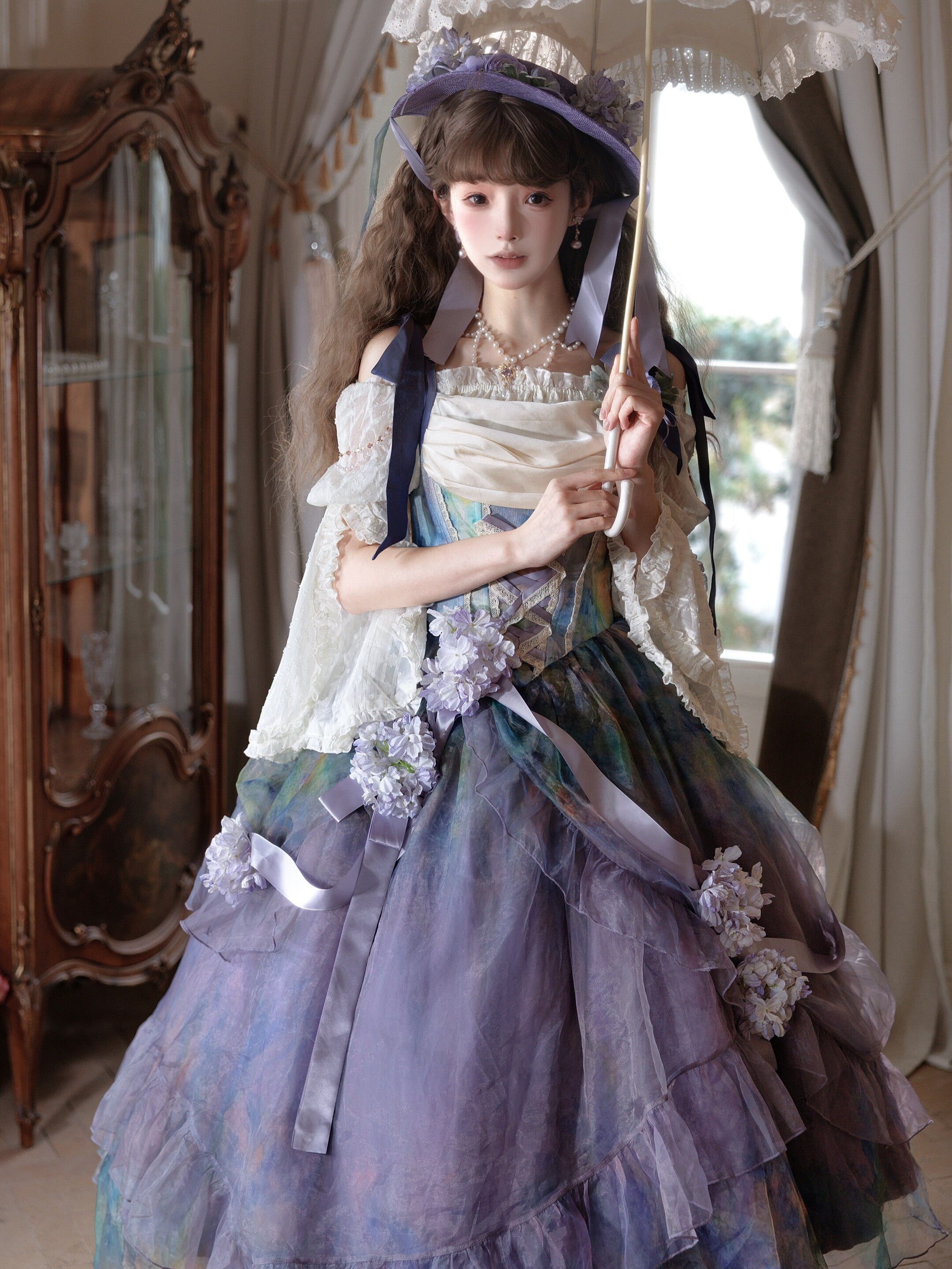 Wild Roses of Arles Purple Green Oil Painting Print Cowl Neck Tail JSK Classic Lolita Dress