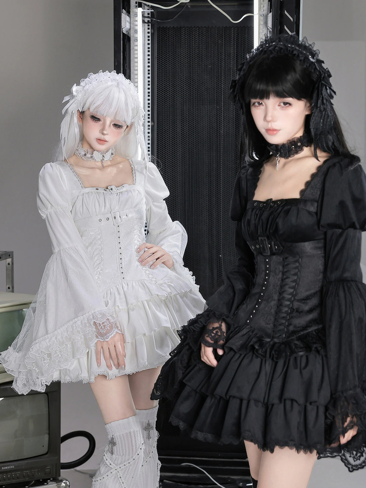 White Night Feather Lolita Sweet Cool Hime Sleeve Mini Dress Set