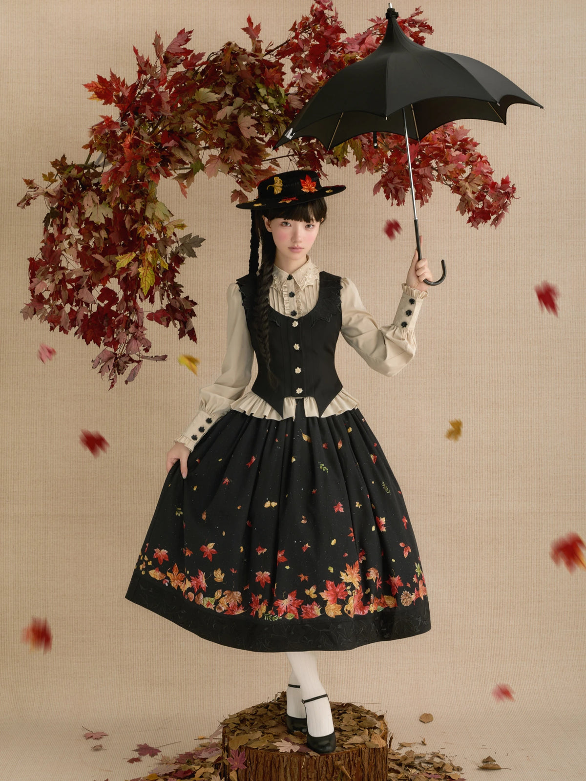 Fallen Leaves on Asphalt Lolita Classic Style Print Waistcoat 3-Piece Set