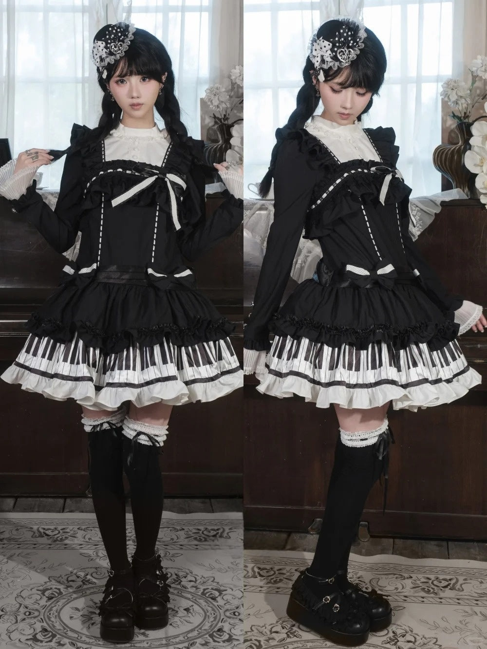 lvory & Eboony Piano Keys Black & White Gothic Waistless Flutter Doll Dress