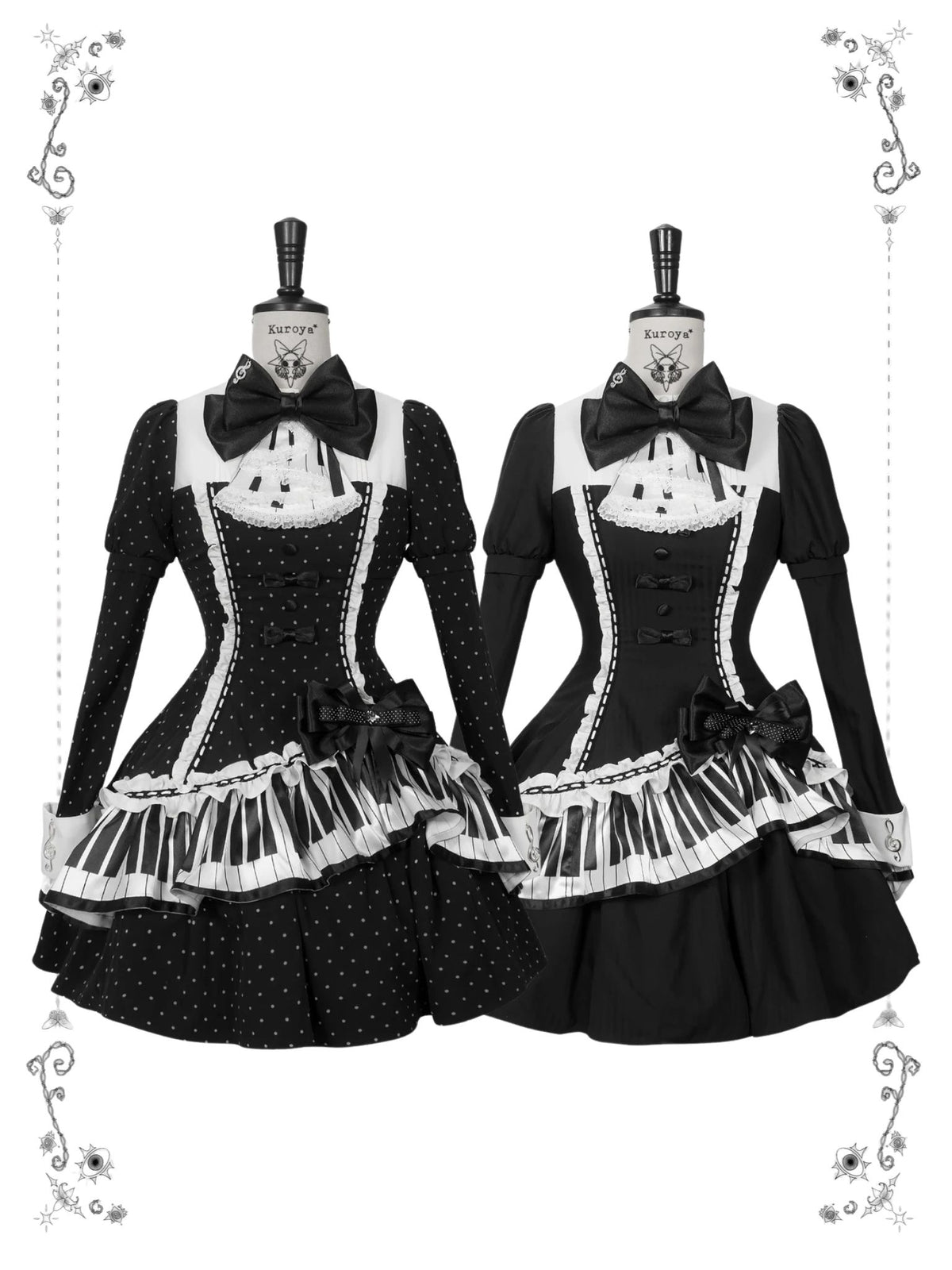 lvory & Eboony Piano Keys Black & White Gothic Stand Collar Cinched Dress