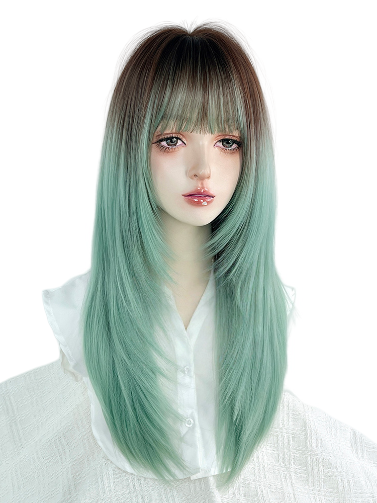 Long Straight Green to Brown Mixed Color Y2K Wig LE7002