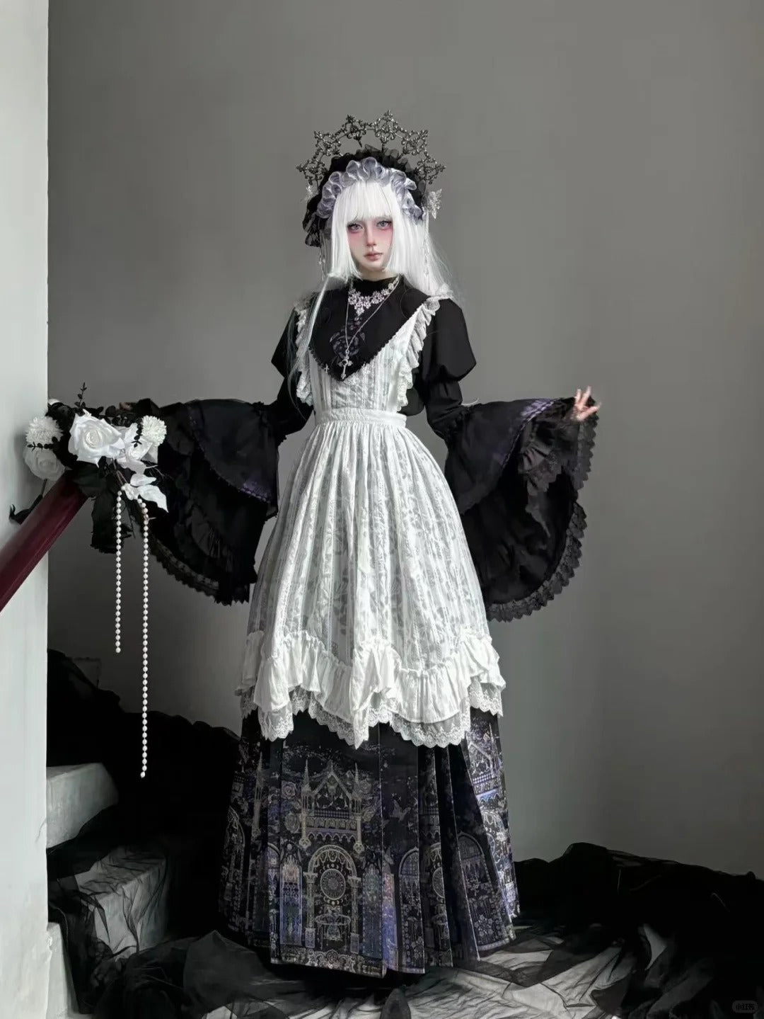 Pinellia · Star‑Orbit Sanctuary Gothic Lolita Blouse & Half Skirt Set