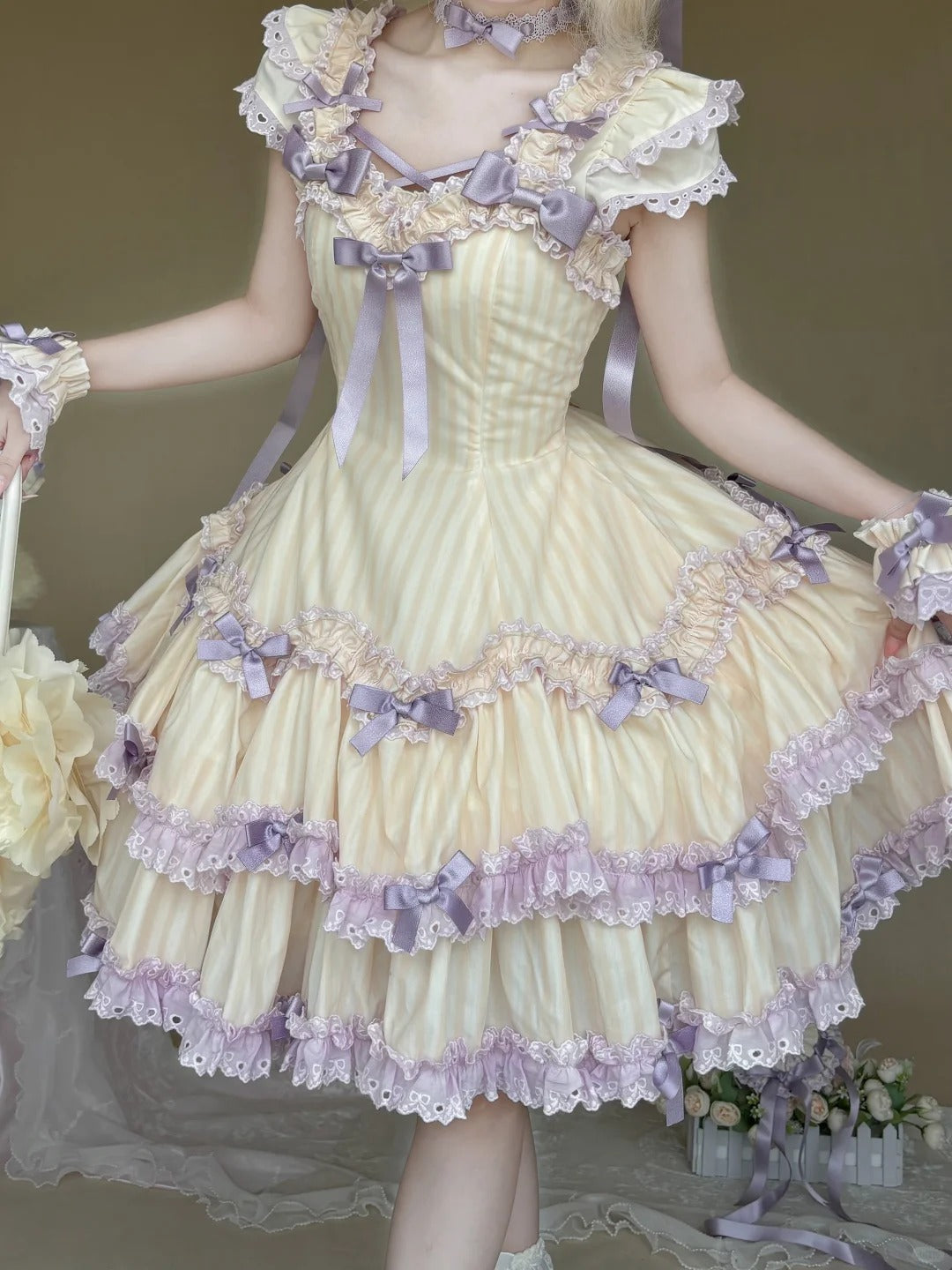 Eternal Girl‑Heart Printed Striped High‑Waist Lolita JSK/OP Dress