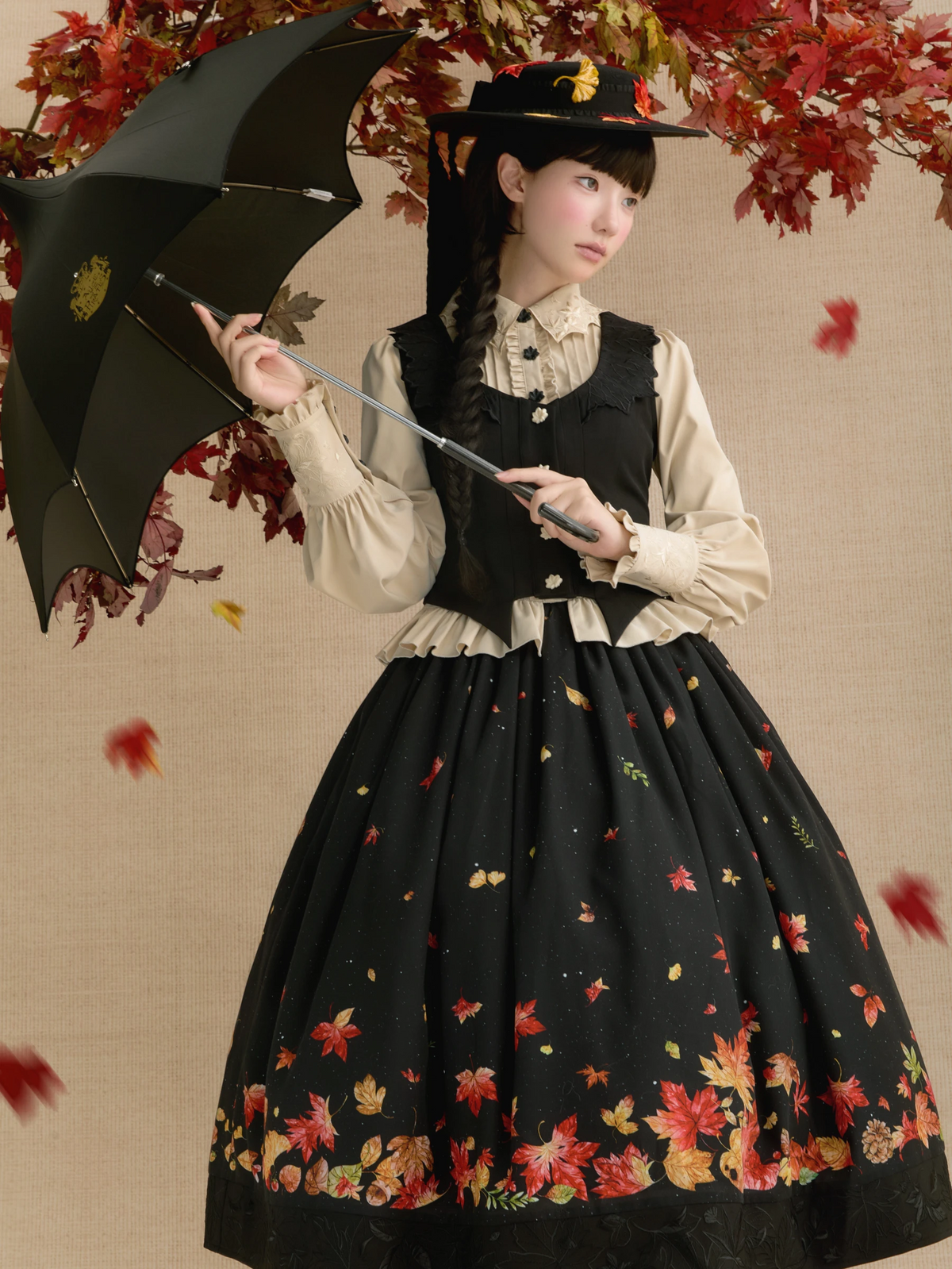Fallen Leaves on Asphalt Lolita Classic Style Print Waistcoat 3-Piece Set