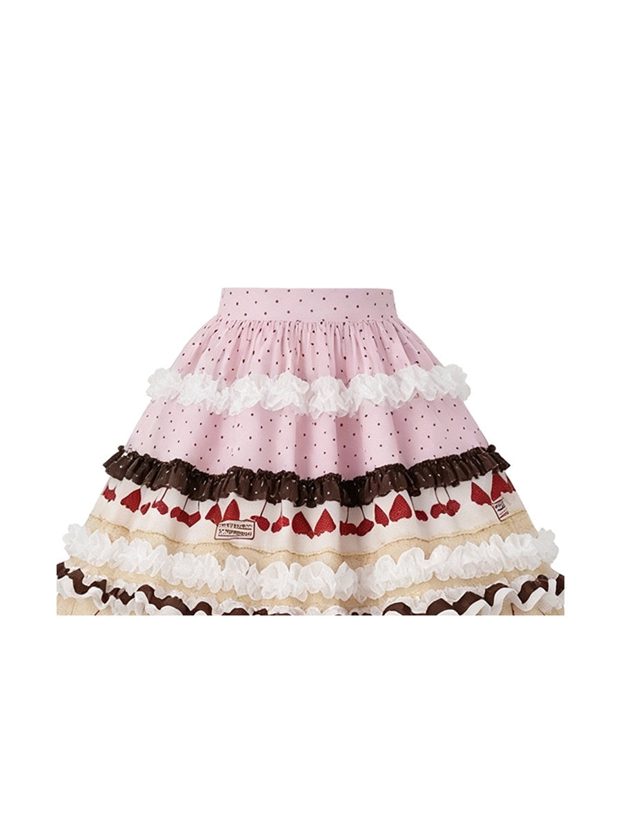 Chocolate Strawberry Polka Dot Puffy Long Cake Skirt