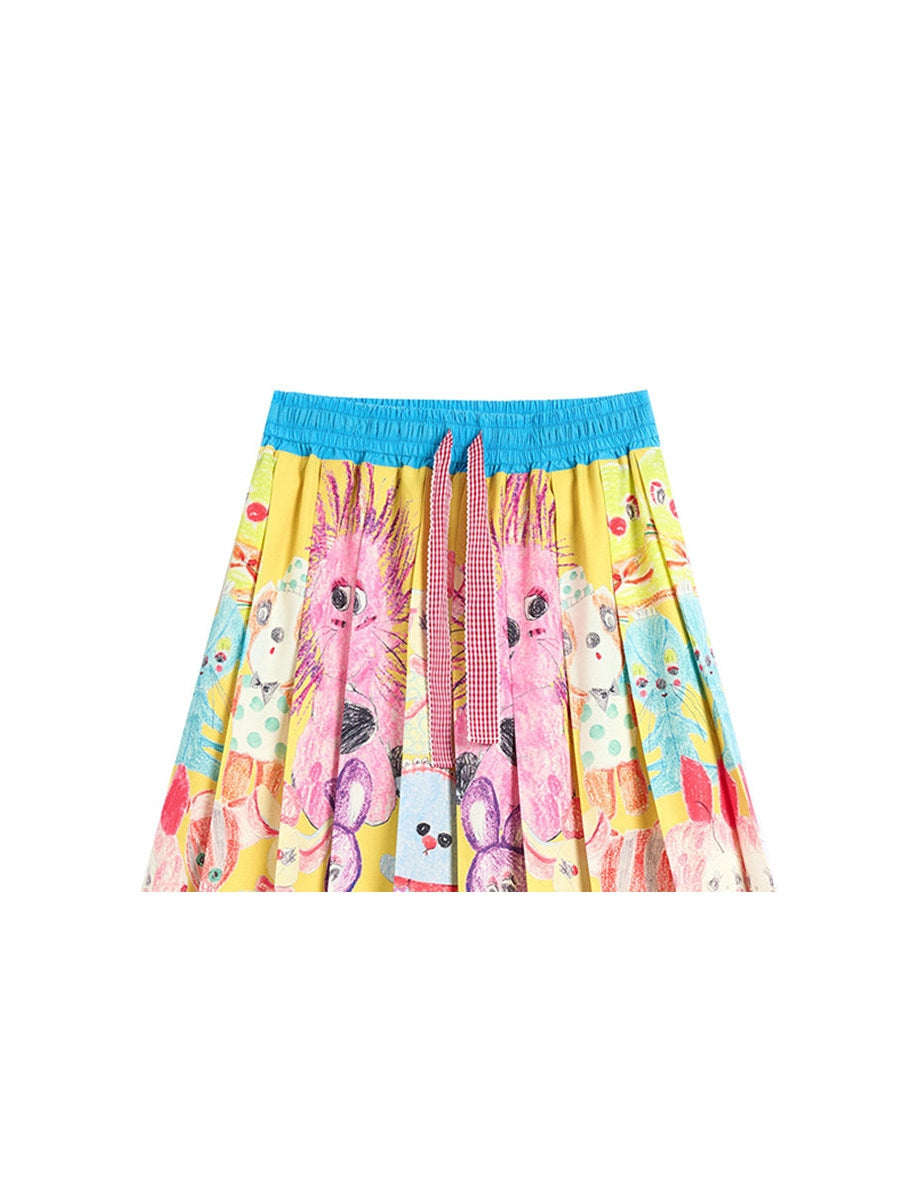 Color Block Doll Graffiti Pleated Long Skirt