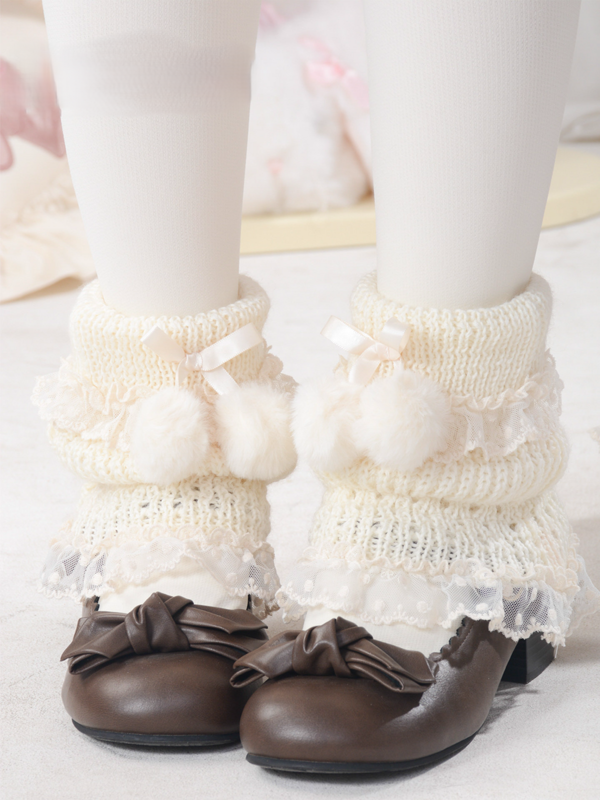 Sweet Wool Blend Pom Pom Bow Lace Trim Lolita Leg Warmers