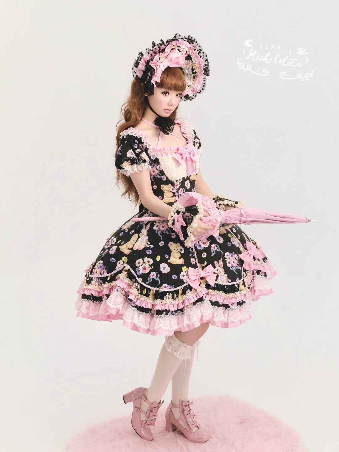 Be My Sweetheart Bear Bunny Floral Print Fitted Sweet Lolita OP Dress