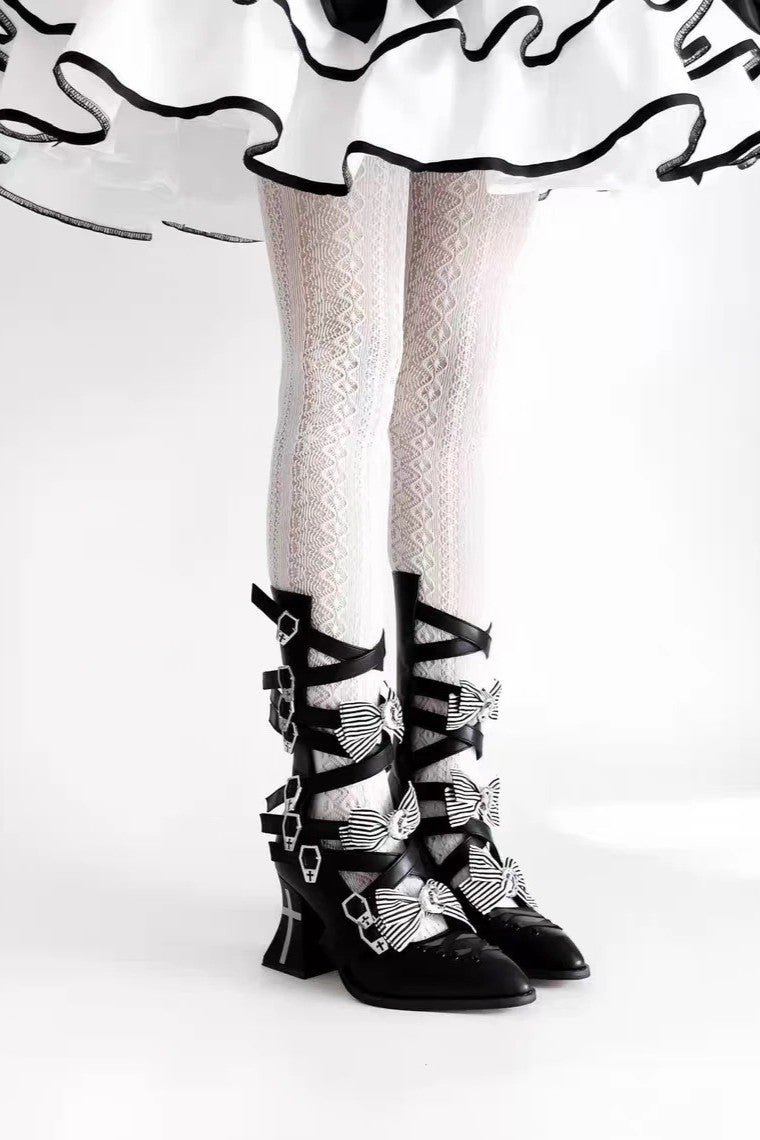 Moon Crow Cross Heels Gothic Lace-Up Pointed Half Cutout Boots