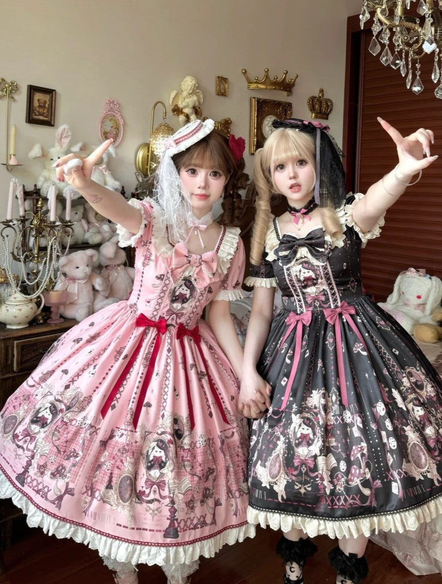 Illusion Meow Duke Pink Cat Print Sweet Lolita OP JSK Dress
