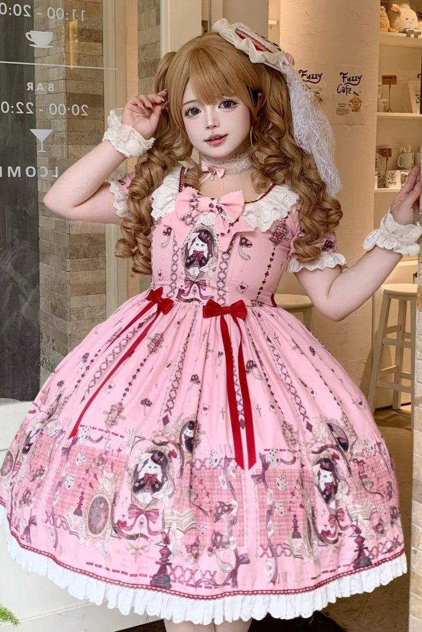 Illusion Meow Duke Pink Cat Print Sweet Lolita OP JSK Dress