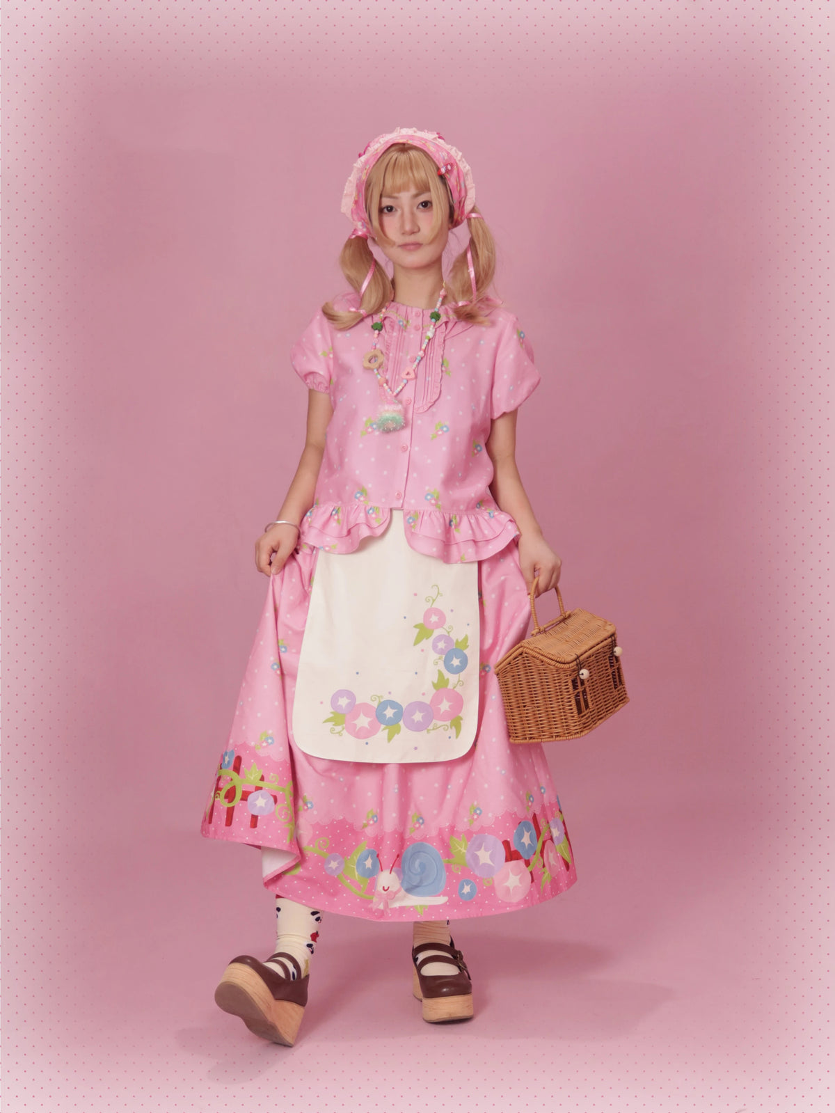 Morning Glory Lolita Original Design Printed Short Sleeve Skirt Set