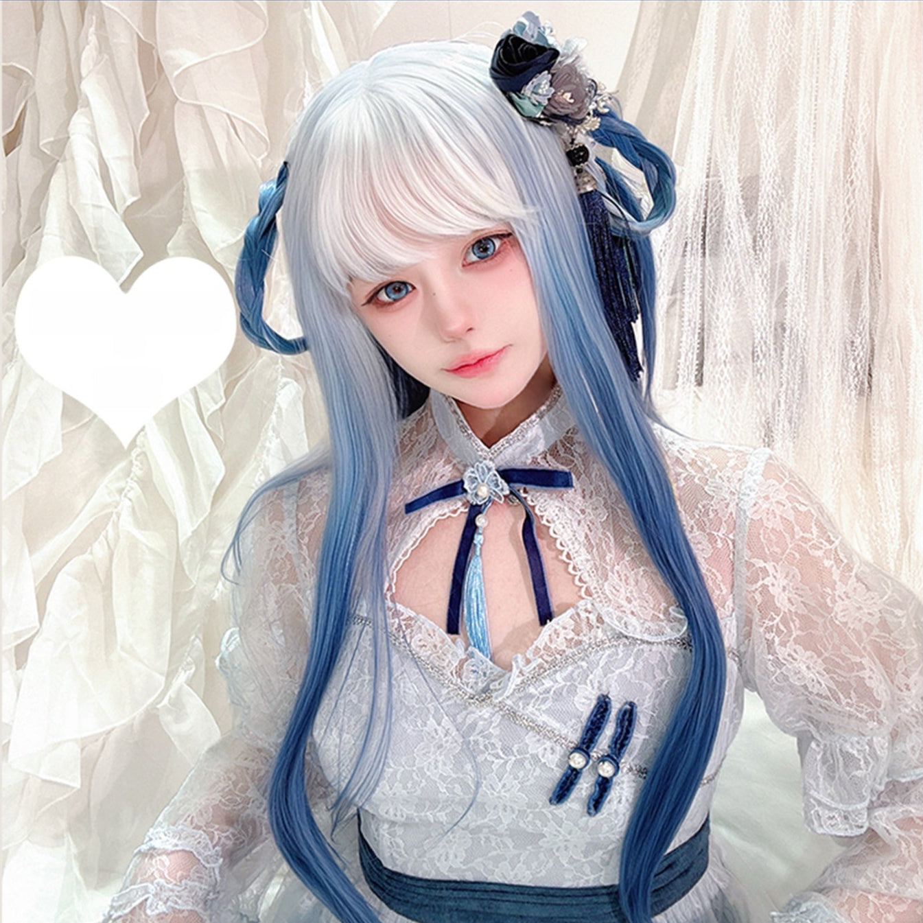 Long Wavy Silver to Blue Ryousangata Wig LE7013