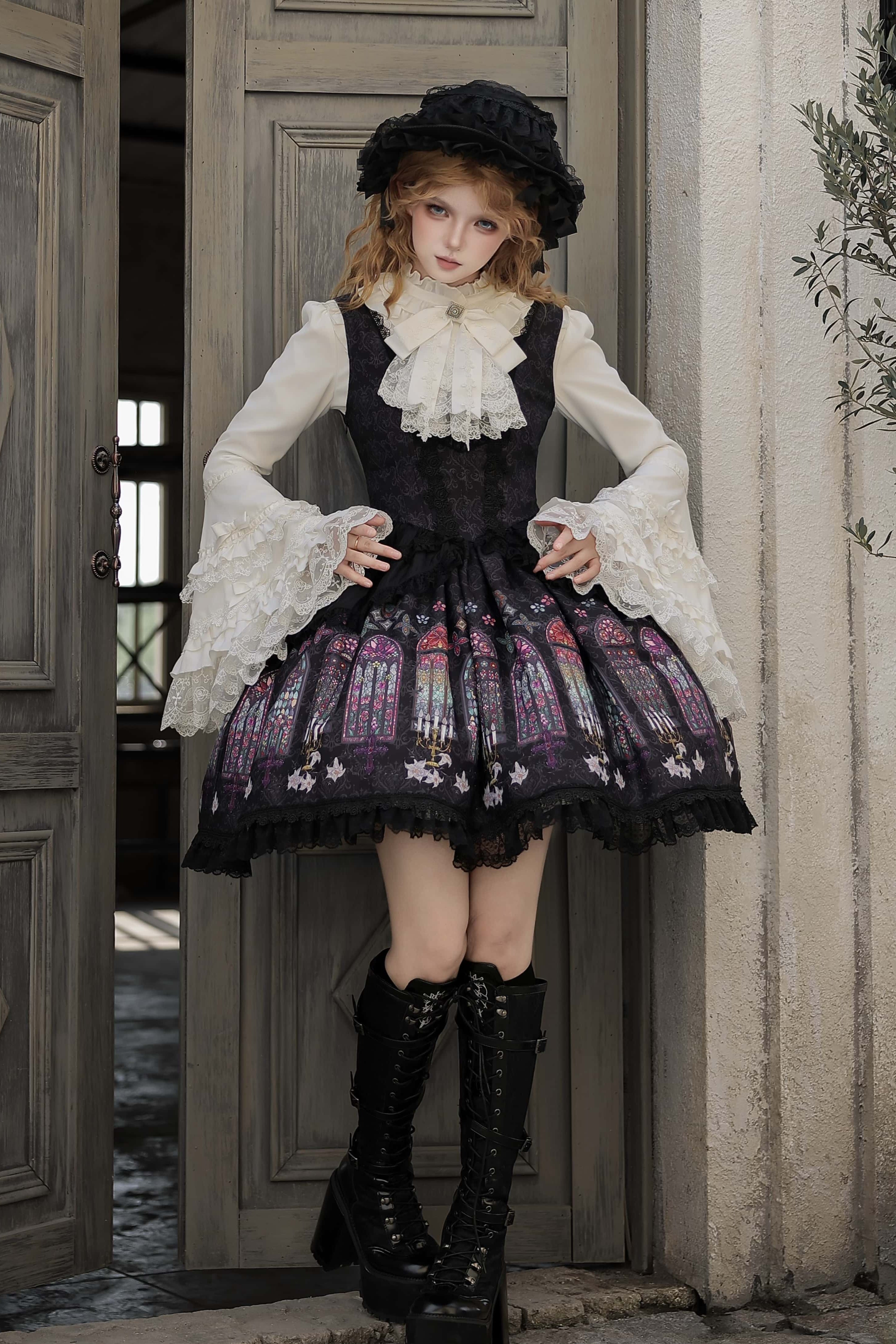 Dark Gothic Cathedral Stained Glass Print Lolita JSK & Blouse Set