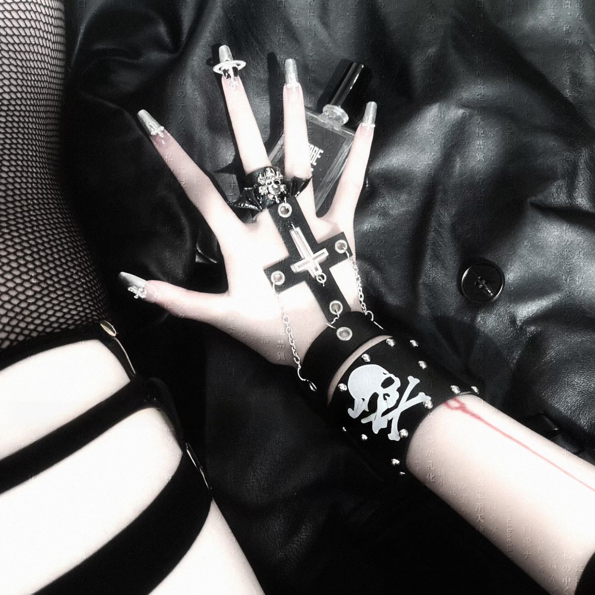 Y2K Goth Punk Black Leather Bracelet LE6008