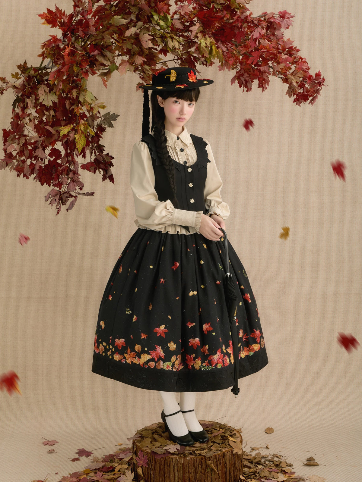 Fallen Leaves on Asphalt Lolita Classic Style Print Waistcoat 3-Piece Set
