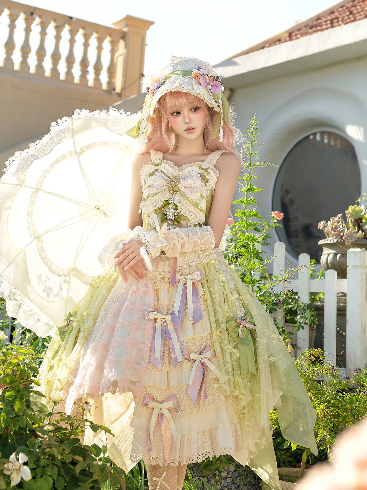Whisper of Spring Field Lolita Original Green Boned Corset & Skirt Set