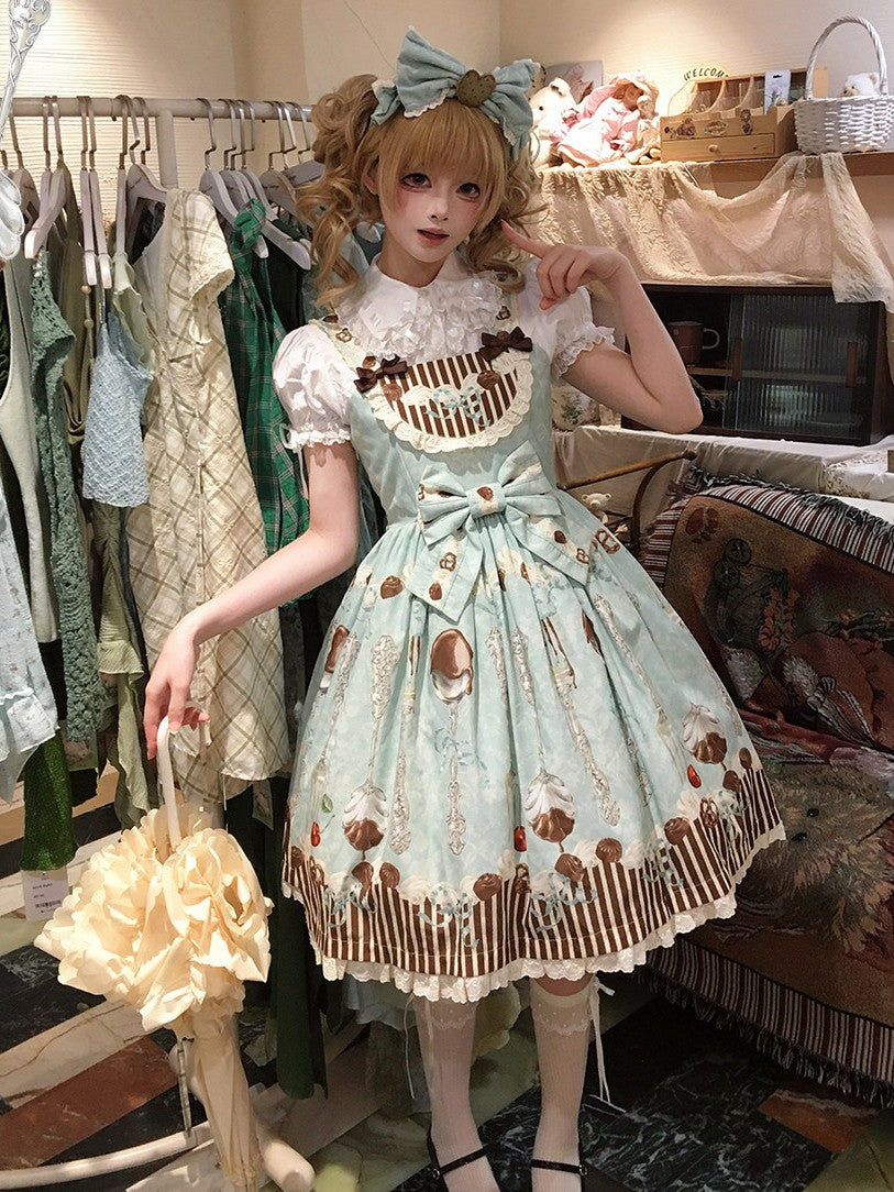 Dessert Sky Blue Chocolate Print Off-center Waist Sweet Lolita JSK