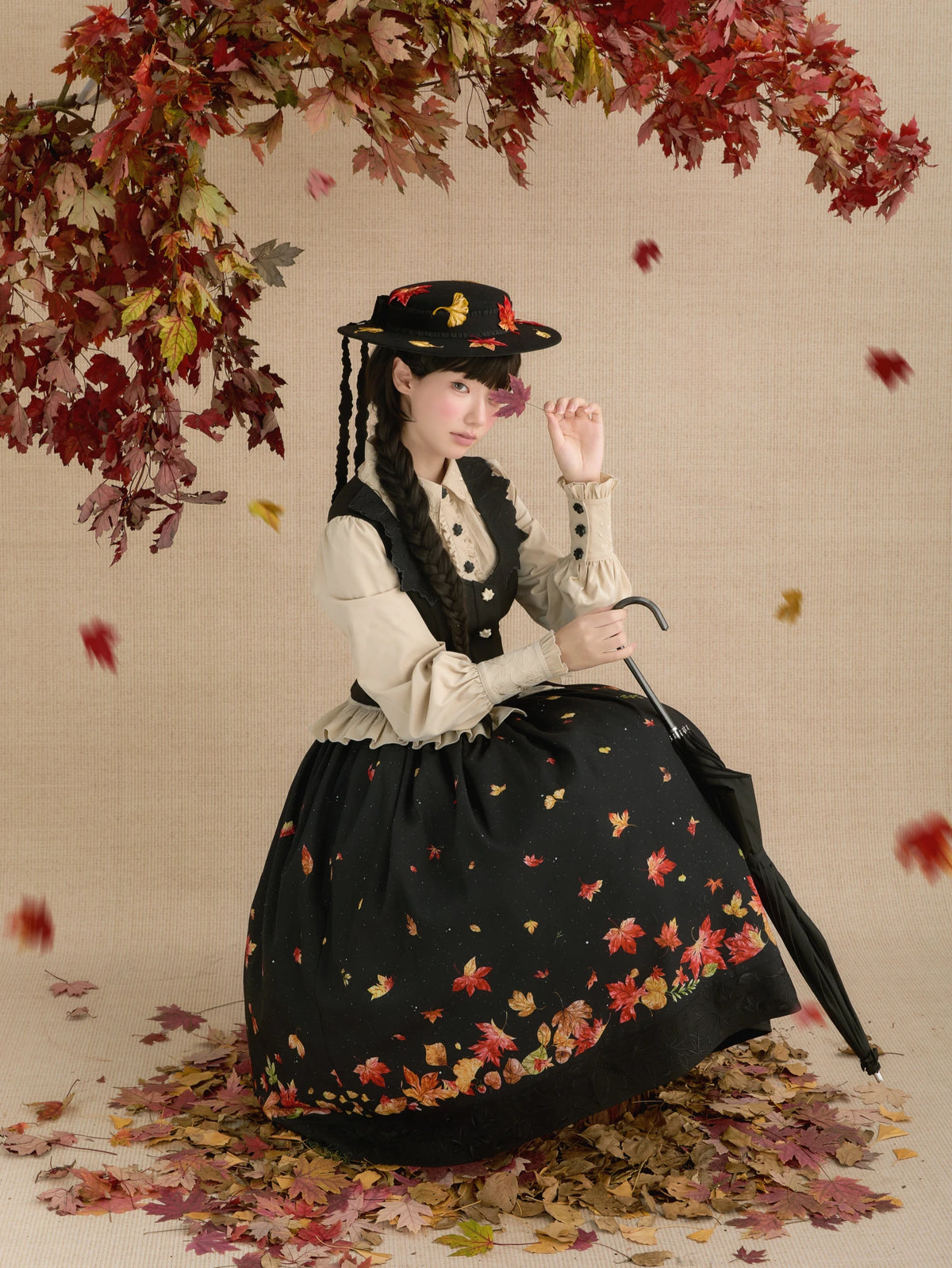 Fallen Leaves on Asphalt Lolita Classic Style Print Waistcoat 3-Piece Set
