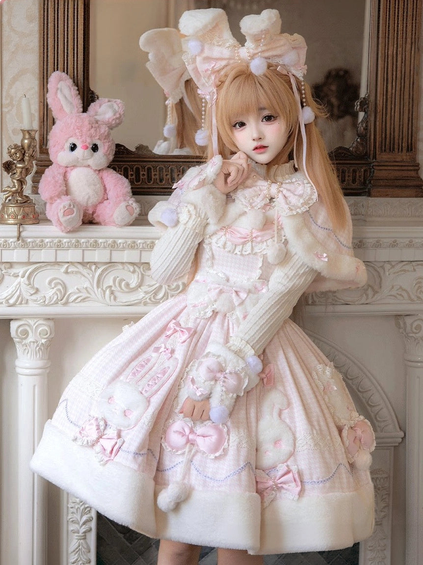Bunny Ball 2.0 Lolita Winter Doll Style JSK Cape Set Pink Plaid Version