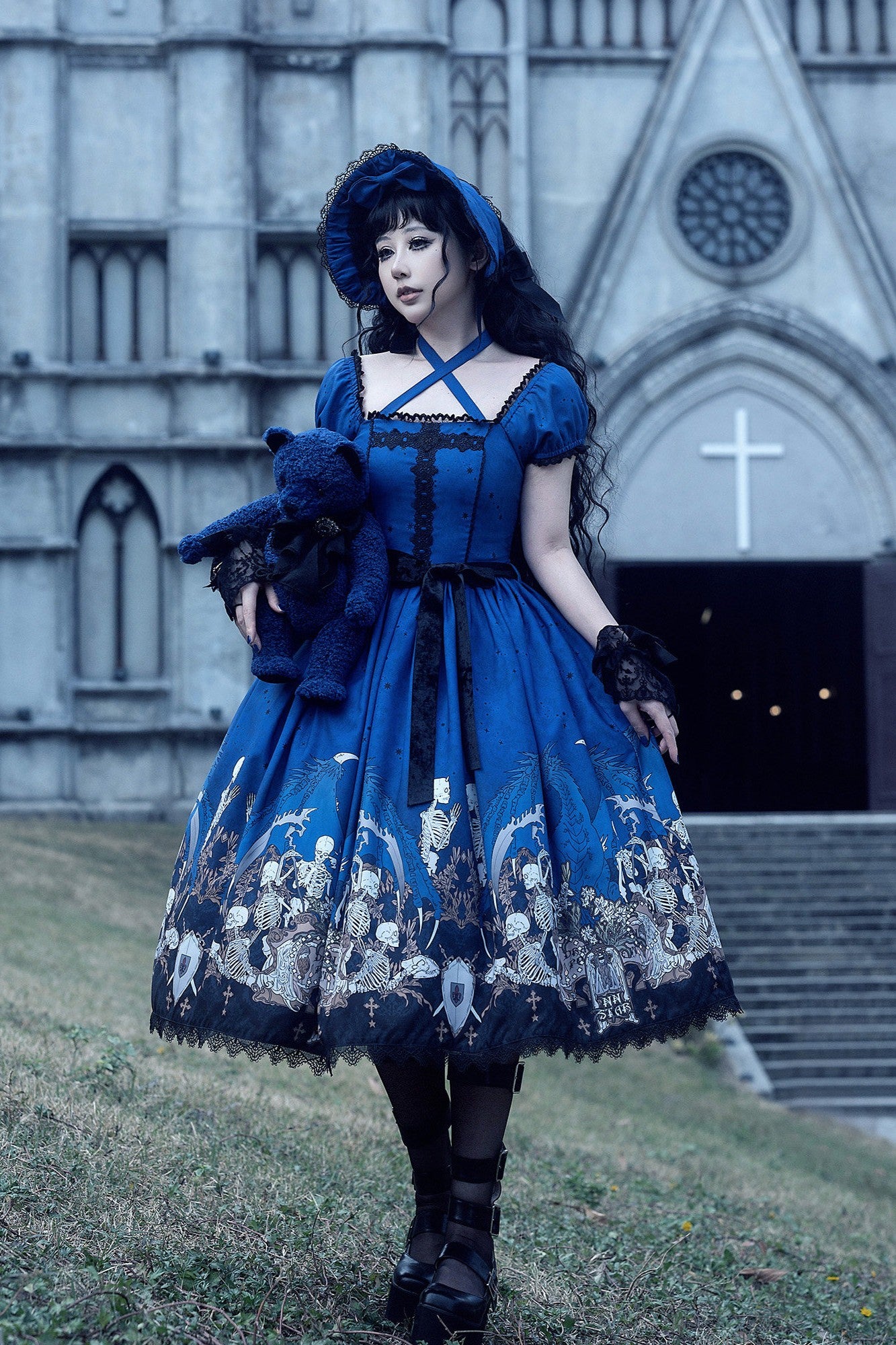 Dragon Bone Lily Lolita Gothic Blue OP Dress