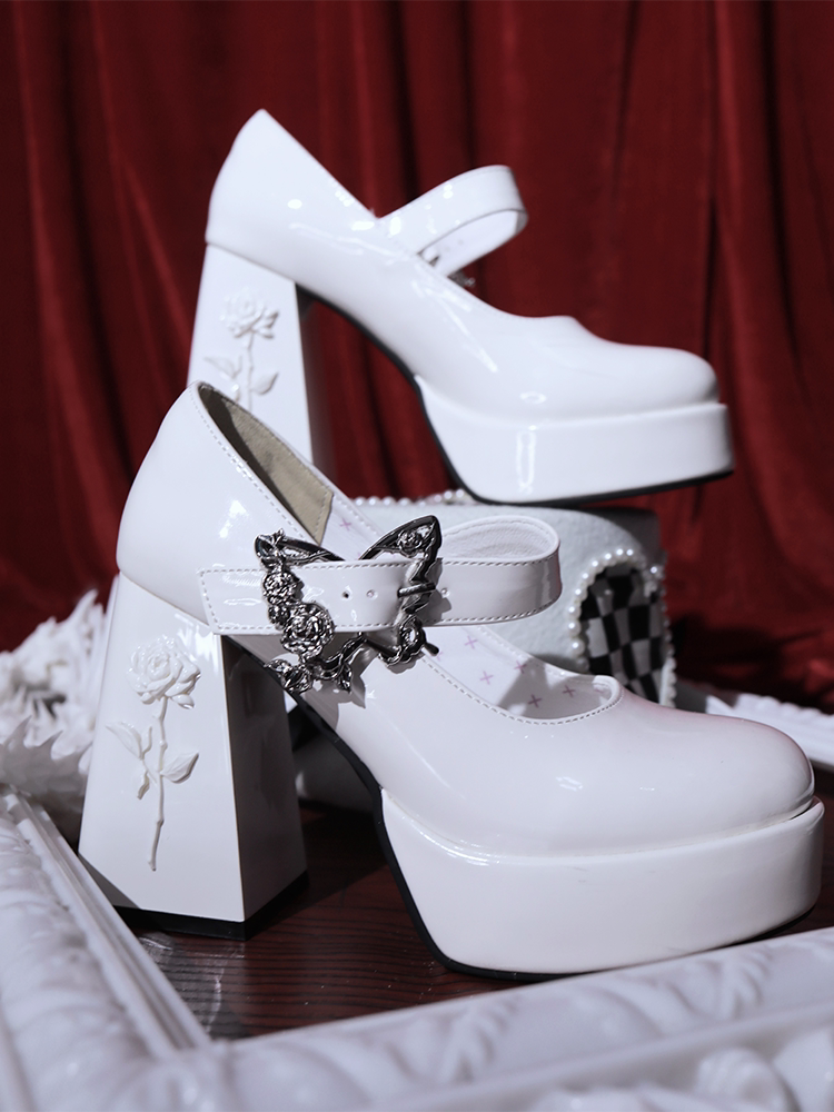 Aeterna Vernalis Elegant Butterfly‑Rose Ornament Lolita Block‑Heel Pumps