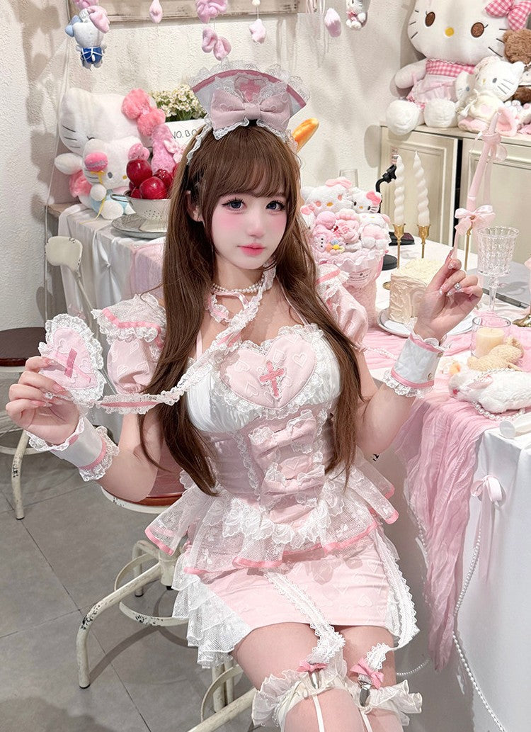 Cute Pink Modern Cheongsam Maid Nurse Cosplay Set