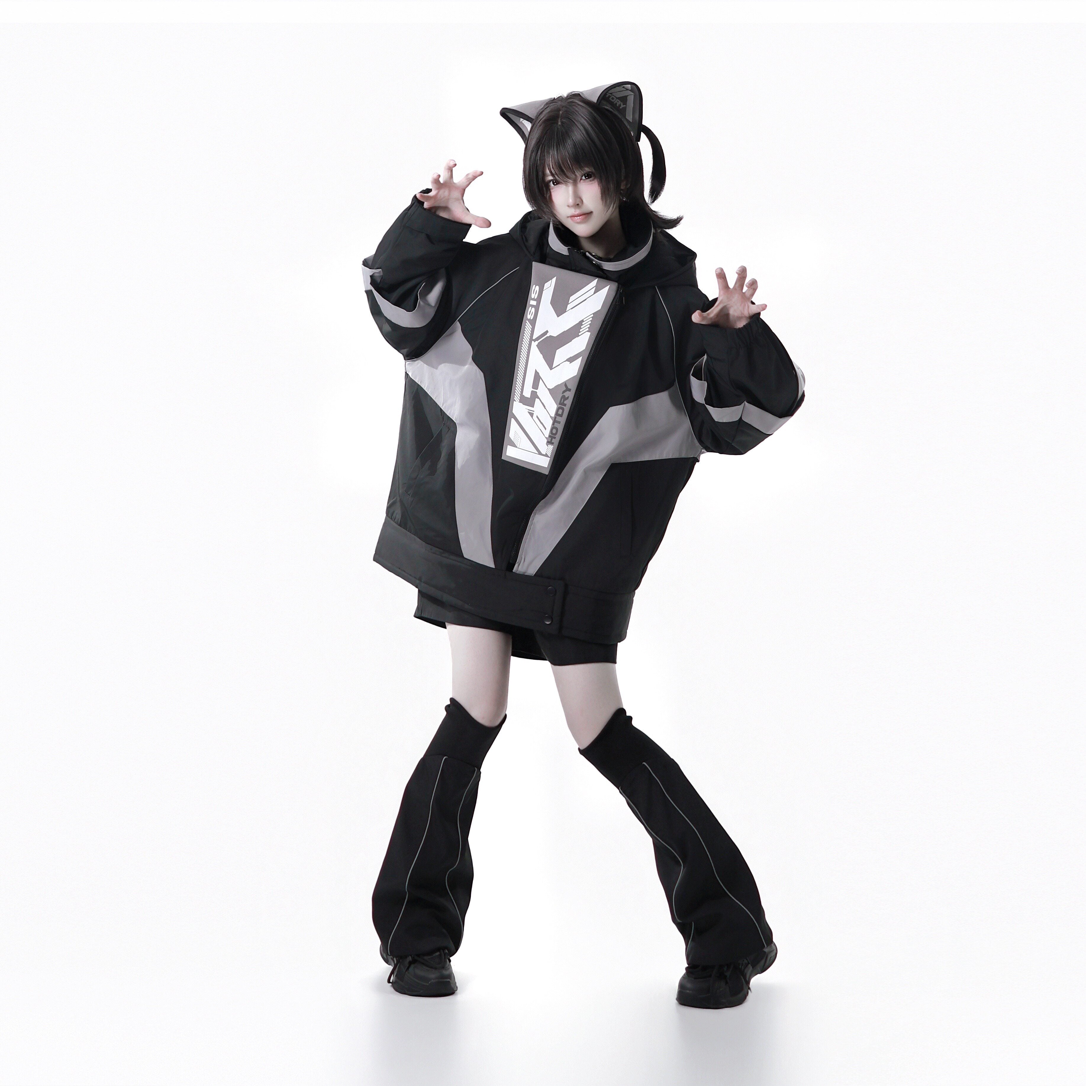 Dystopian Techwear Two-Piece Fleece-Lined Jacket and Shorts Set