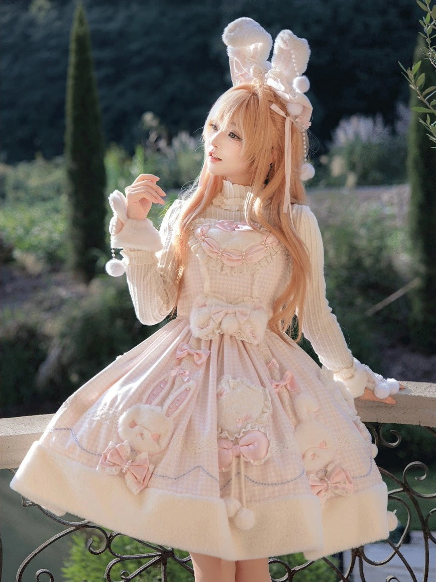 Bunny Ball 2.0 Lolita Winter Doll Style JSK Cape Set Pink Plaid Version