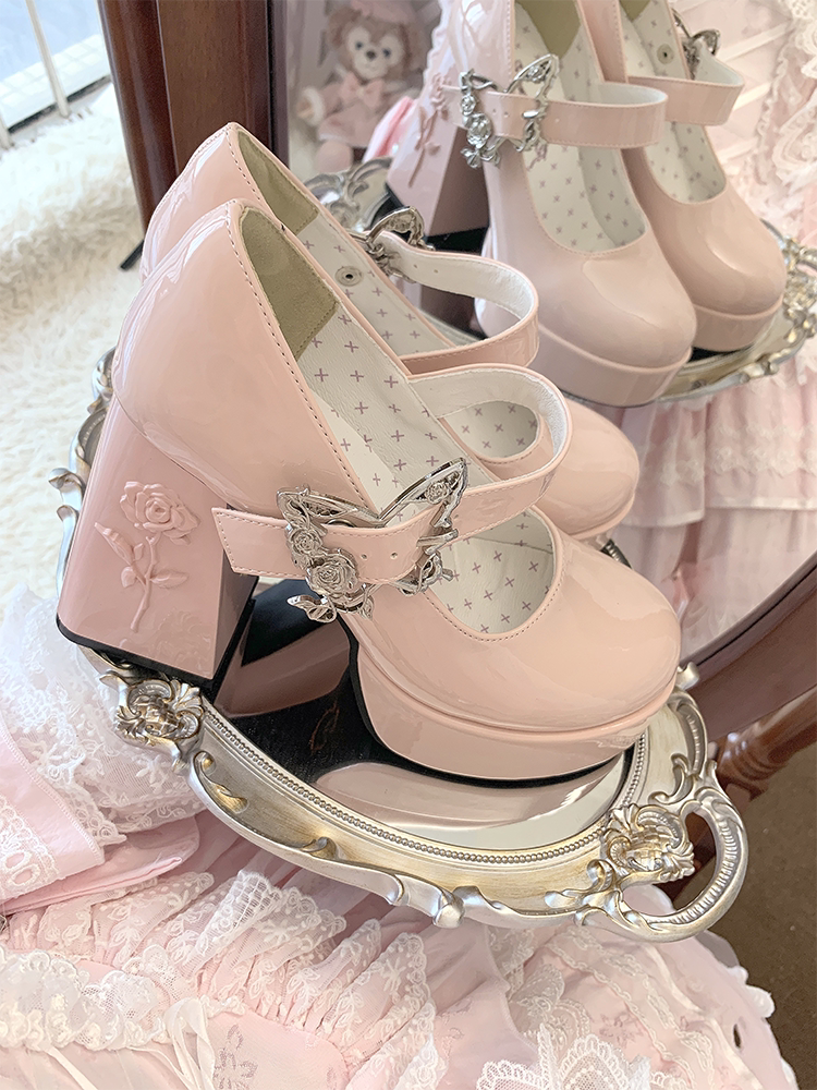 Aeterna Vernalis Elegant Butterfly‑Rose Ornament Lolita Block‑Heel Pumps