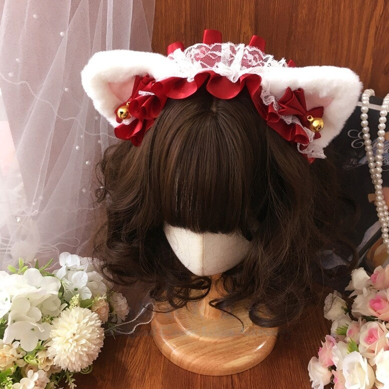 Plush Cat Ear Lace Lolita KC Headband with Bell Classic Vintage Style