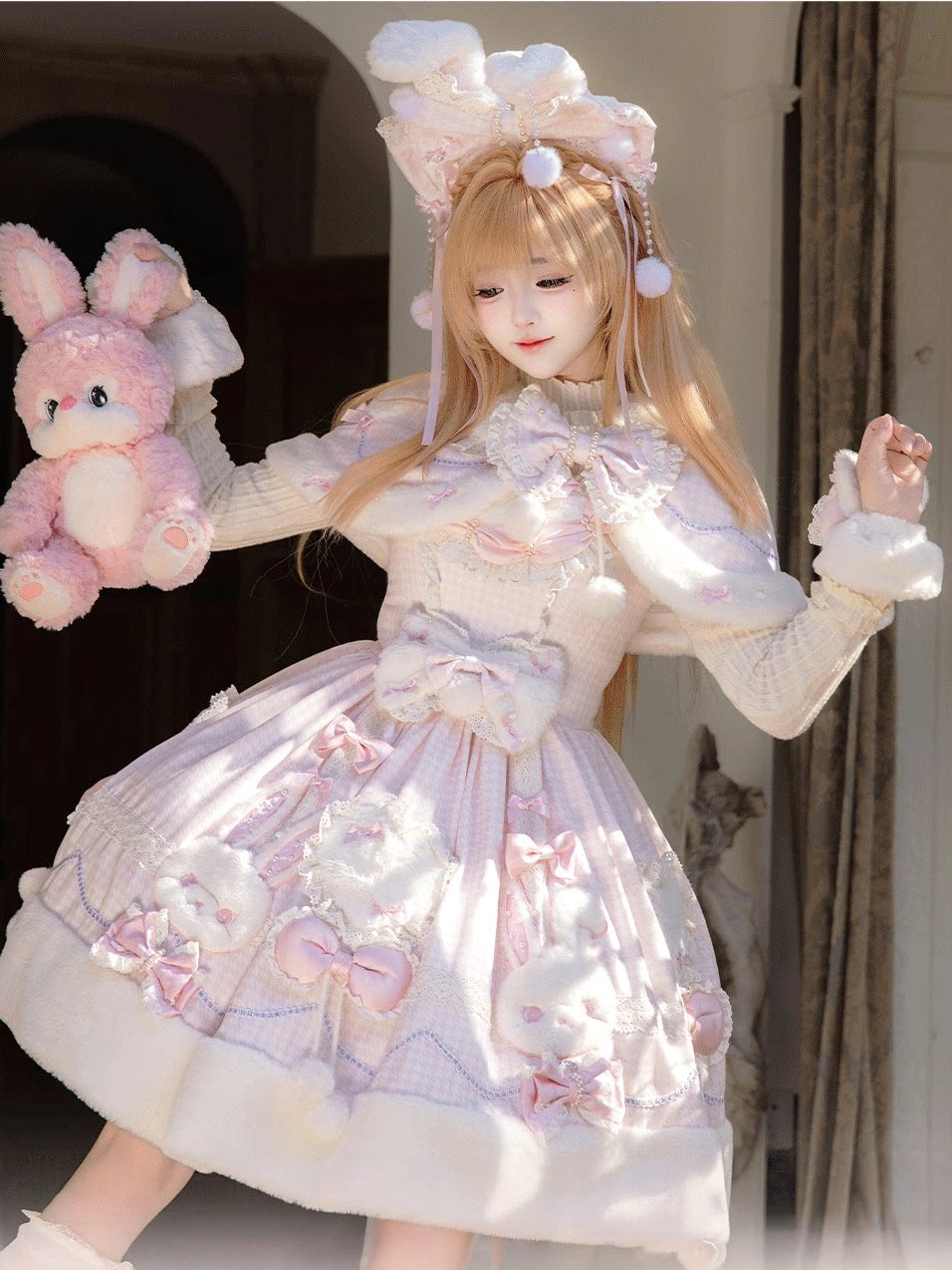 Bunny Ball 2.0 Lolita Winter Doll Style JSK Cape Set Pink Plaid Version