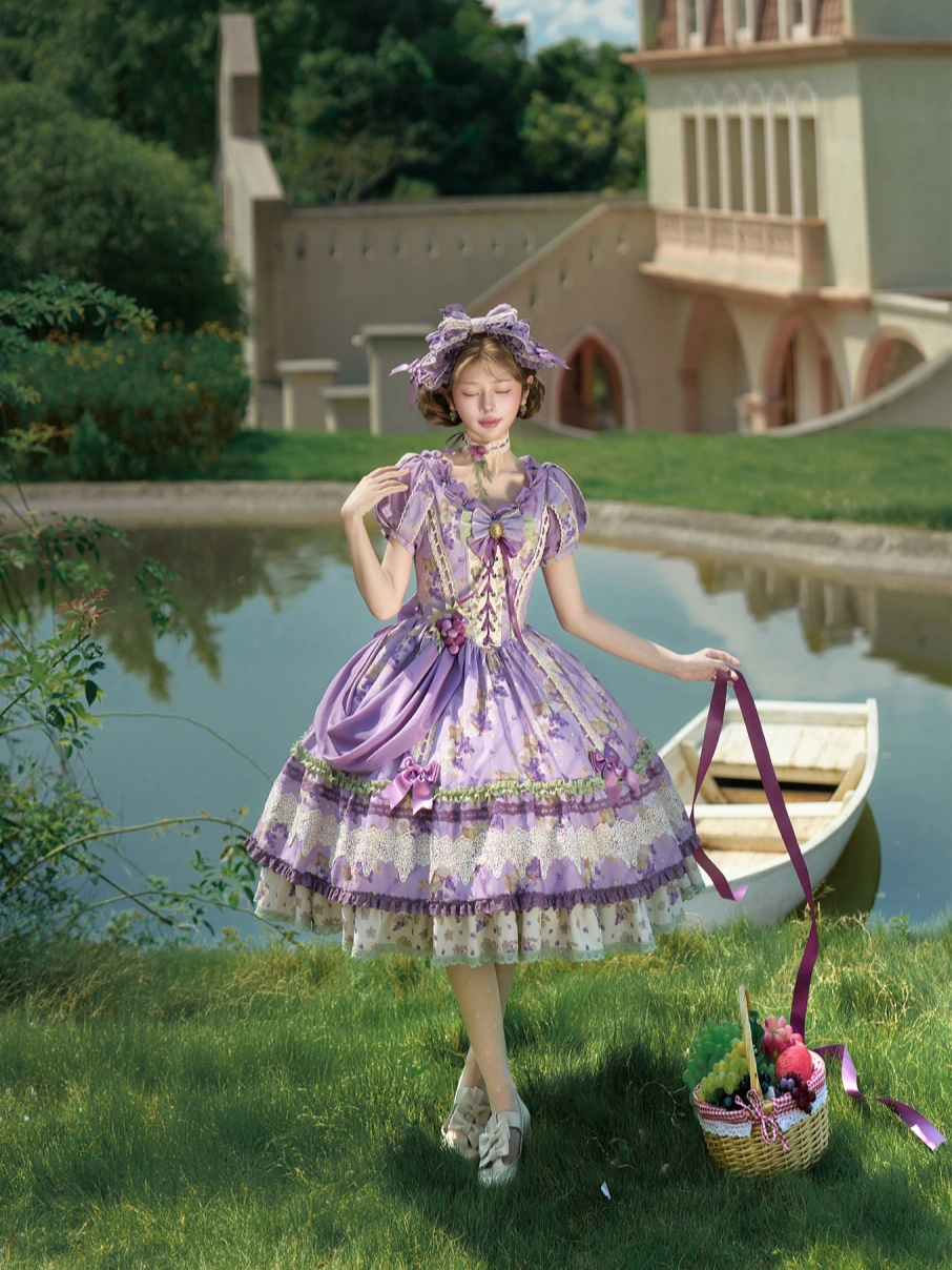 Merlot Maiden Manor Elegant Grape Print Lolita OP Dress Set