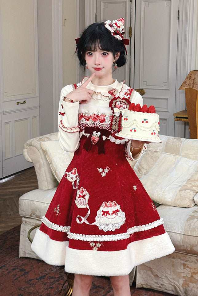 Pale Snow Strawberry Lolita Christmas Sweet Embroidery JSK Dress