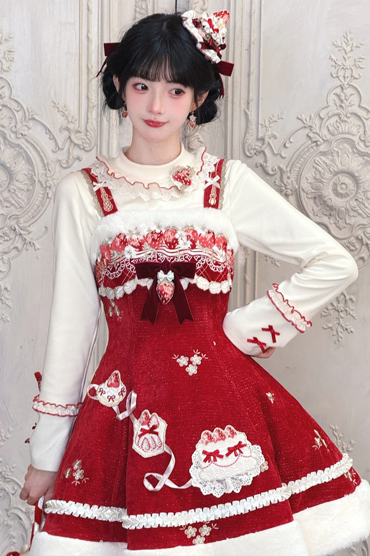 Pale Snow Strawberry Lolita Christmas Sweet Embroidery JSK Dress