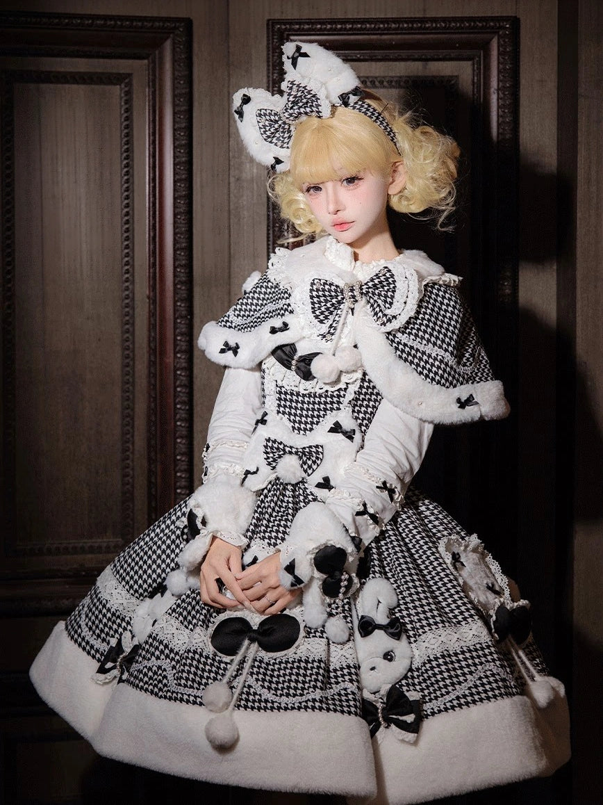 Bunny Ball 2.0 Lolita Winter Doll Style JSK Cape Set Black Plaid Version
