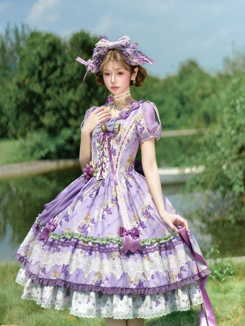 Merlot Maiden Manor Elegant Grape Print Lolita OP Dress Set